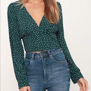 Lulu’s Green Polka Dot Long Sleeve Button Down Crop Top Blouse